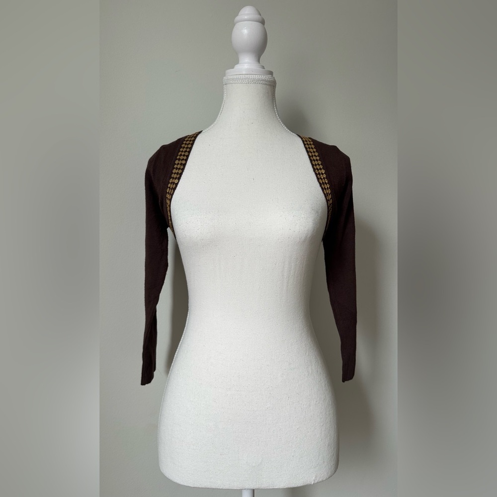 COSTA BLANCE Y2K Brown Cropped Sequin Boho Festival Long Sleeve Shrug Size S‎
